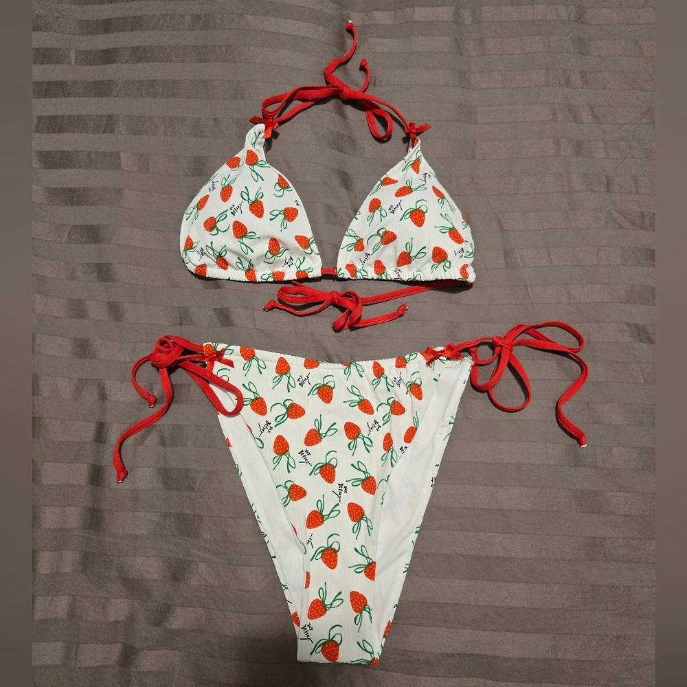 Betsey Johnson Red and White Strawberry Print Bikini Swimwear L